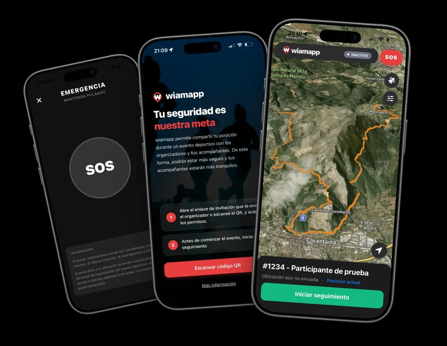 Captura de wiamapp mostrando SOS, onboarding y seguimiento del recorrido